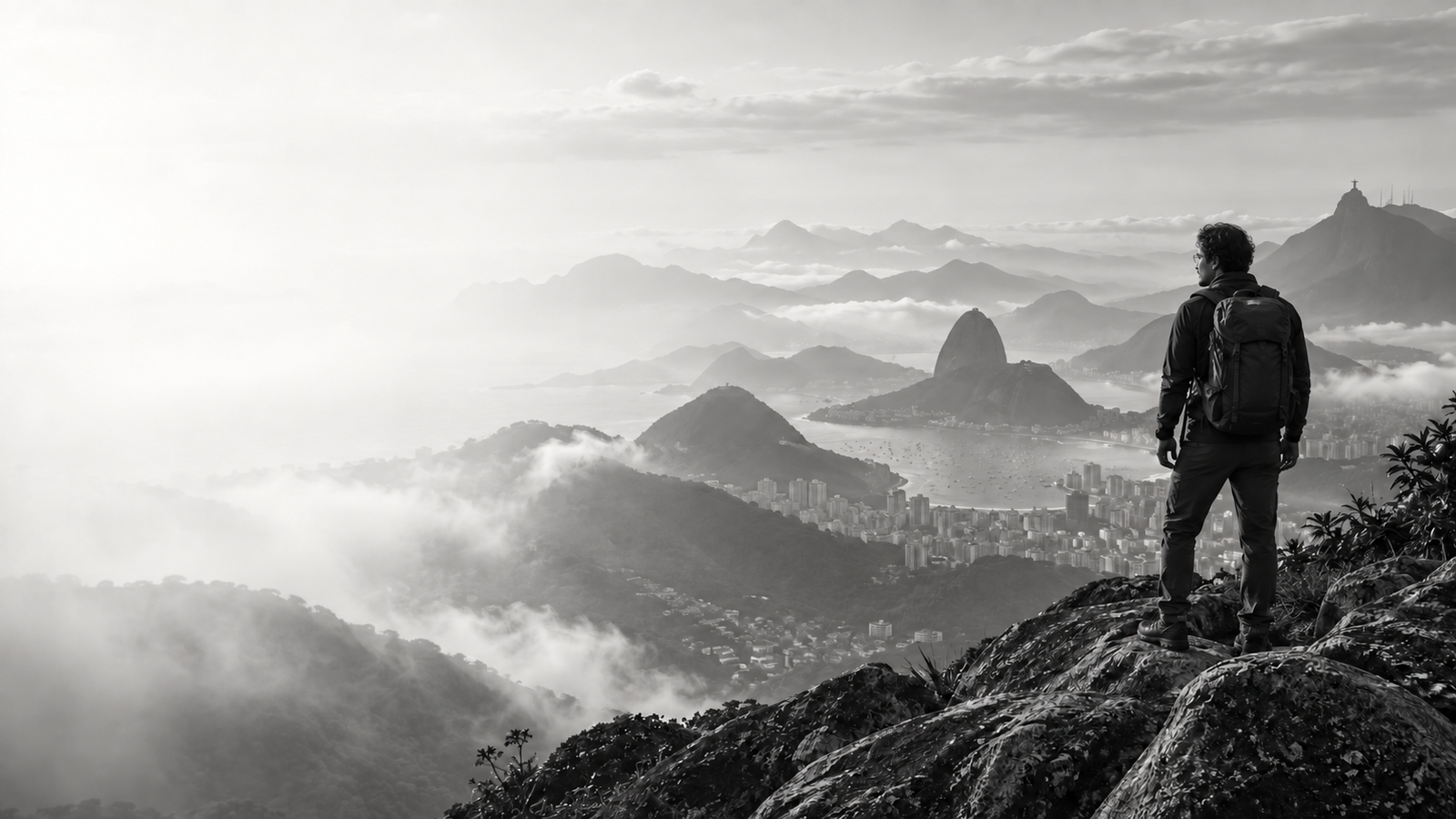 Montanhista contemplando a cidade e as montanhas entre nuvens